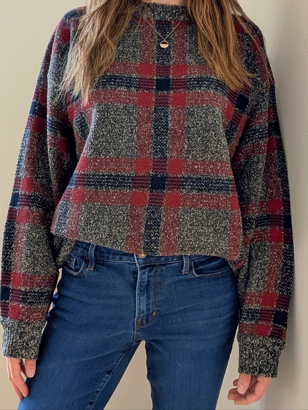 Vintage Plaid Textured Crewneck Sweater In Burgundy/Gray